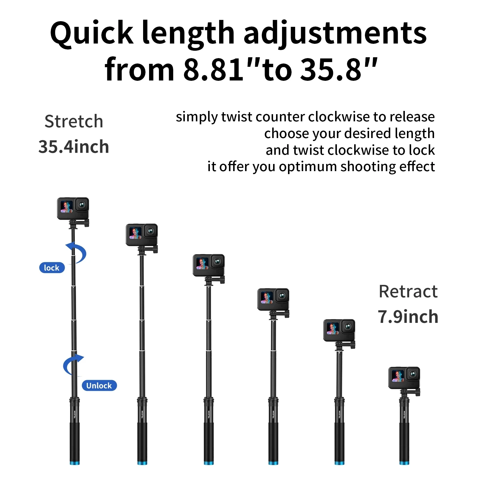 TELESIN Aluminum Alloy Extendable Handheld Selfie Stick Telescoping Pole for GoPro 13 12 11 10 Insta360 DJI Action 3 4 iPhone 16