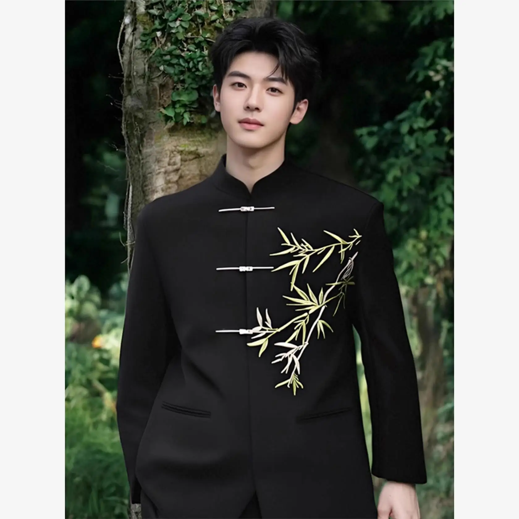 New Chinese Style Men's DK Zhongshan Suit Wedding Engagement Embroidered Bamboo Stand Collar Adult Ceremony Formal Wear