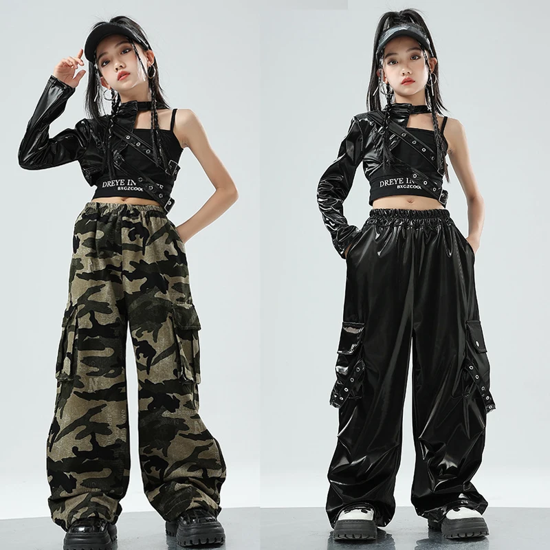 Children'S Performance Kpop Outfit Single Leather Sleeve Camouflage Pants For Girls Jazz Dance Costumes Stage Wear SL10707