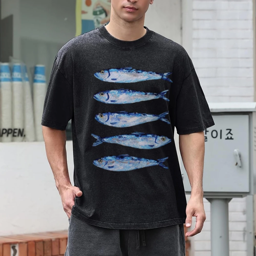 Unisex Vintage Washed Tee Sardines Fish Print Women T-shirt Luxury Brand Y2k Summer Baggy Soft Cotton Short Sleeved Shirt