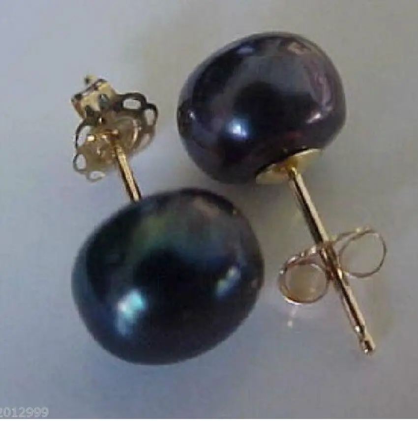 

stunning A pair of natural 9.5-10mm tahitian black pearl earring 14k/20 yellow Gold