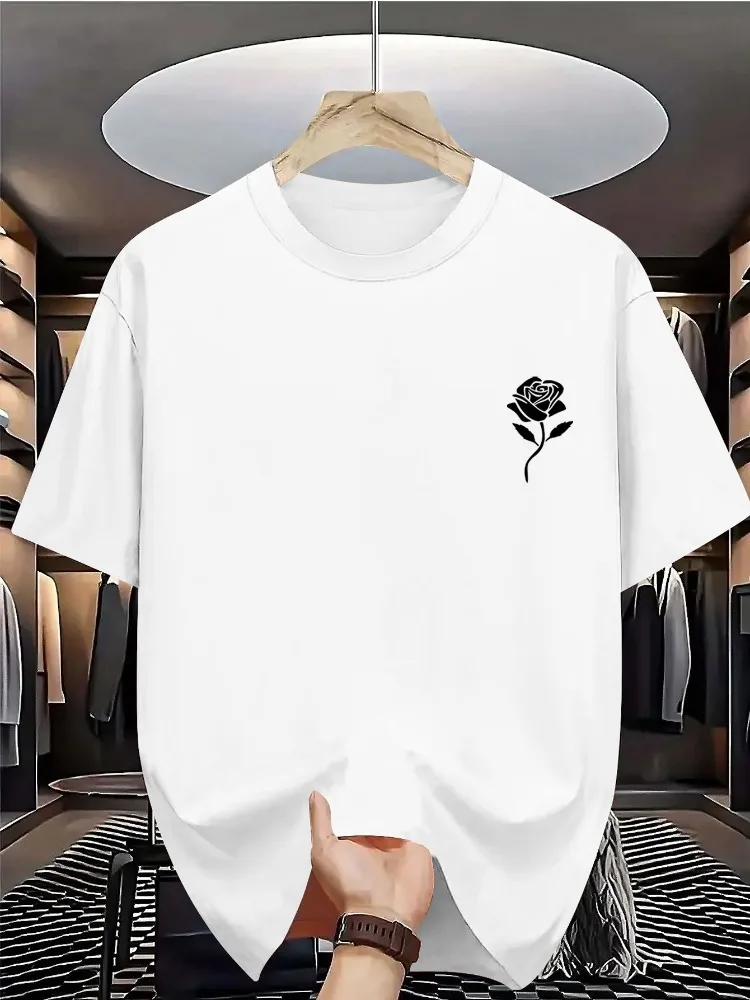 Men Summer Cotton Short Sleeve T Shirt Small Chest White Rose Outline Print Crew Neck Minimalist Casual Street Male Tee