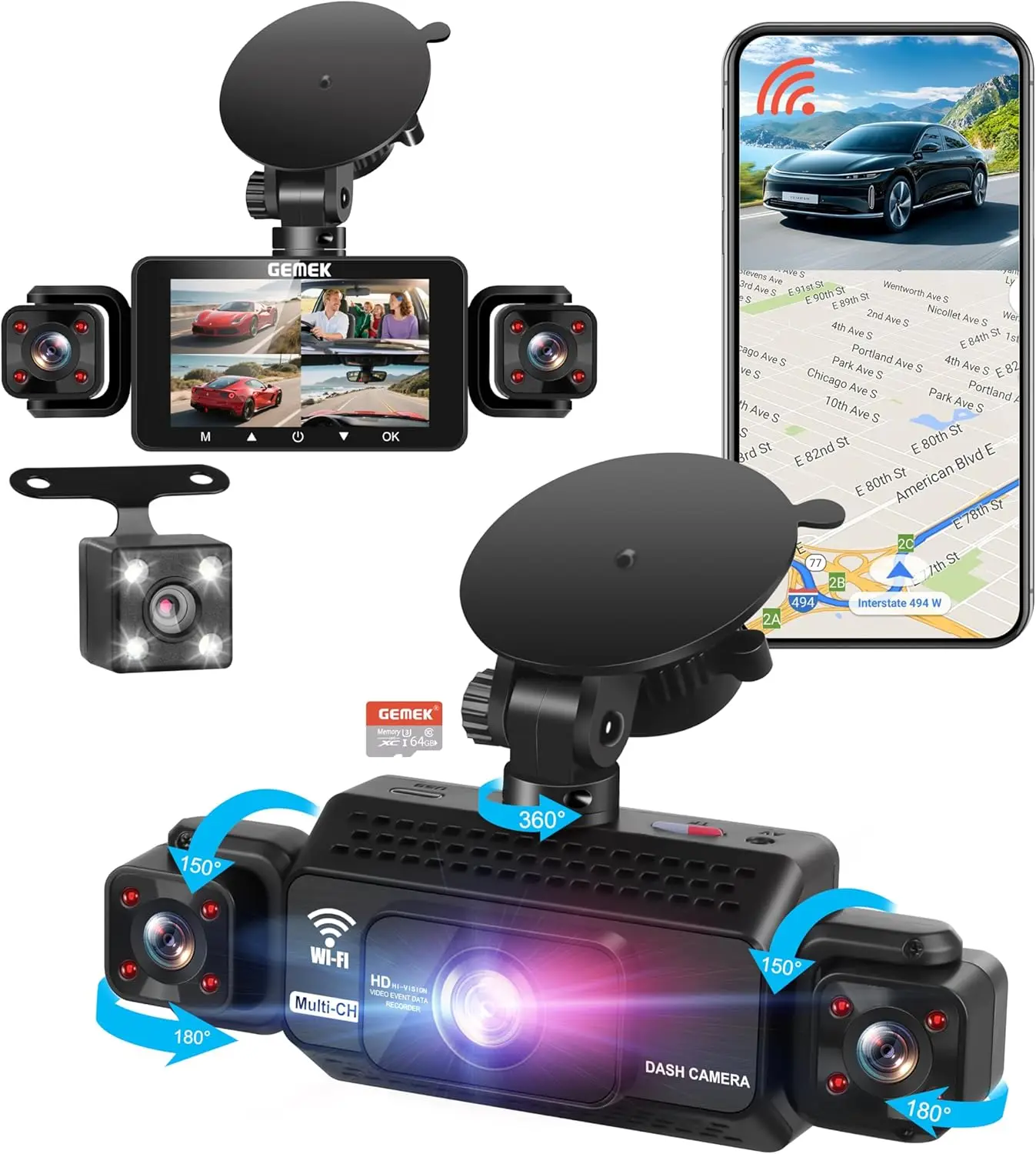 

4 Channel Car Dash Cam 360° View with 5G WiFi App Control, 2K Front Rear Left Right Camera, Free 64GB Card