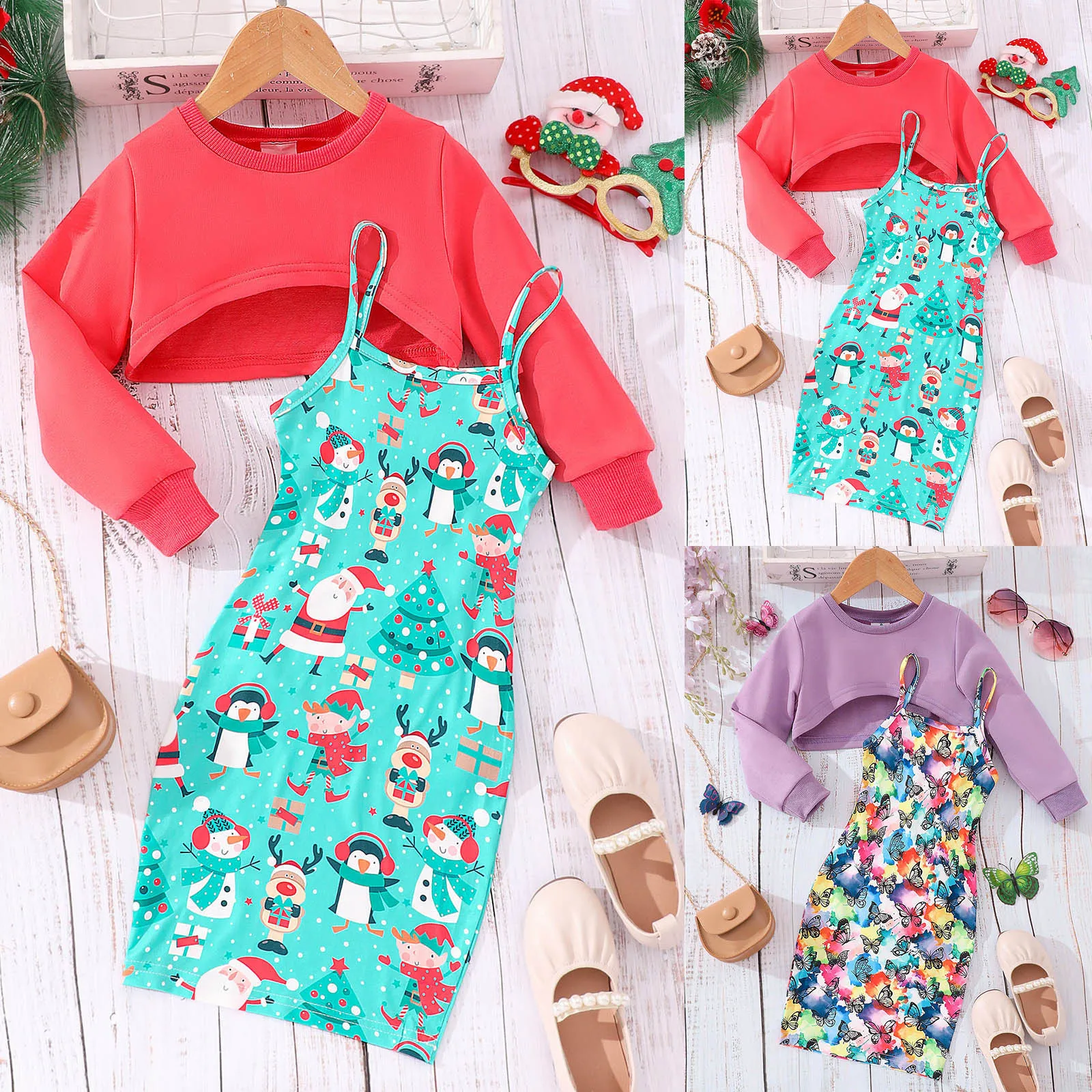 Kids Girls Clothing Setcamisoles With Floral Patterns 2Pcs Set Fashion Girls Dress Autumn Causal Children Outfits 4-8 Years Old