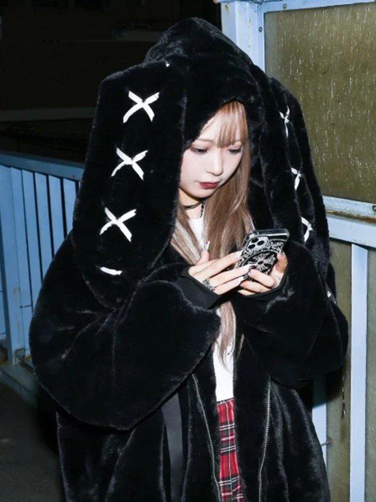 Japanese Harajuku Rabbit Ears Fur Coat for Women Fluffy Jacket Winter Women\'s Punk Zipper Oversized Plush Coats Street Jacket