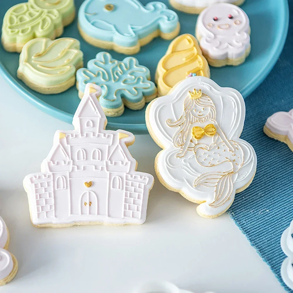 Cute Cartoon Sea Animal Mermaid Cookie Plunger Cutters Fondant Cake Mold Biscuit Sugarcraft Cake Decorating Tools Cookie Stamp