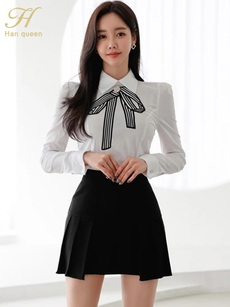 Han Queen New In Matching Sets White Shirts + Short Skirts Korean Set Woman 2 Pieces Chic And Elegant Summer Clothes Women 2024