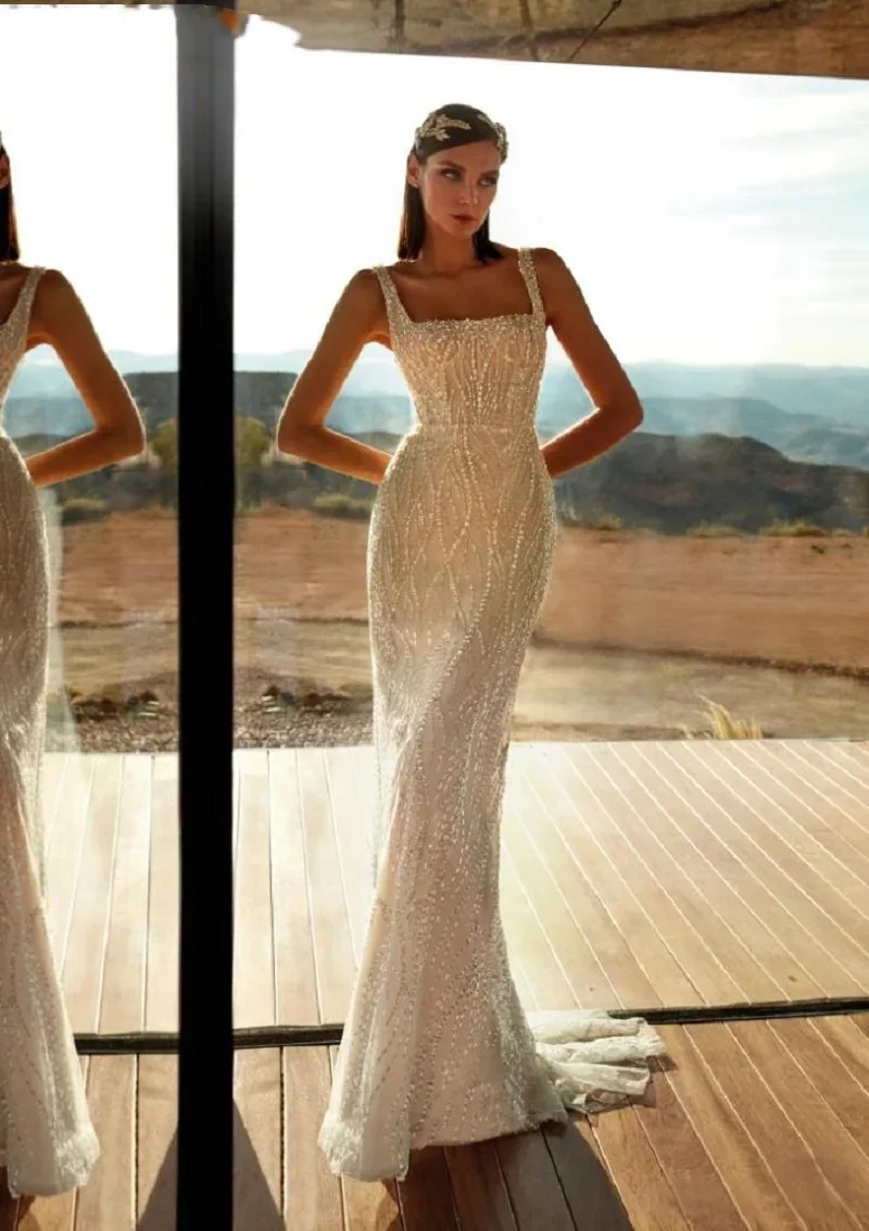 

Customized Sparkle sexy Wedding Dresses Mermaid Square Neck Neckline Sleeveless With Long Open Back Plus Size Vestidos De Novias