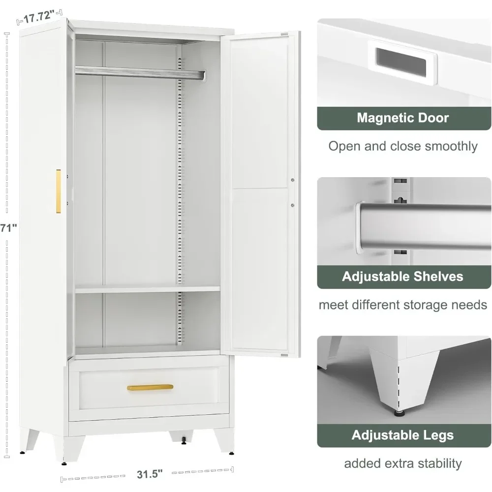 71'' Farmhouse Metal Storage Cabinet Locker With Hanging Rod And Adjustable Shelves， Drawer(White)|