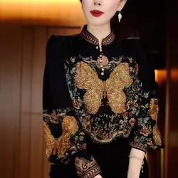Clothes for Women Chinese Style Vintage Butterfly Printed Blouse Stand Collar Elegant Luxury Shirt Ladies Long Sleeve Loose Tops