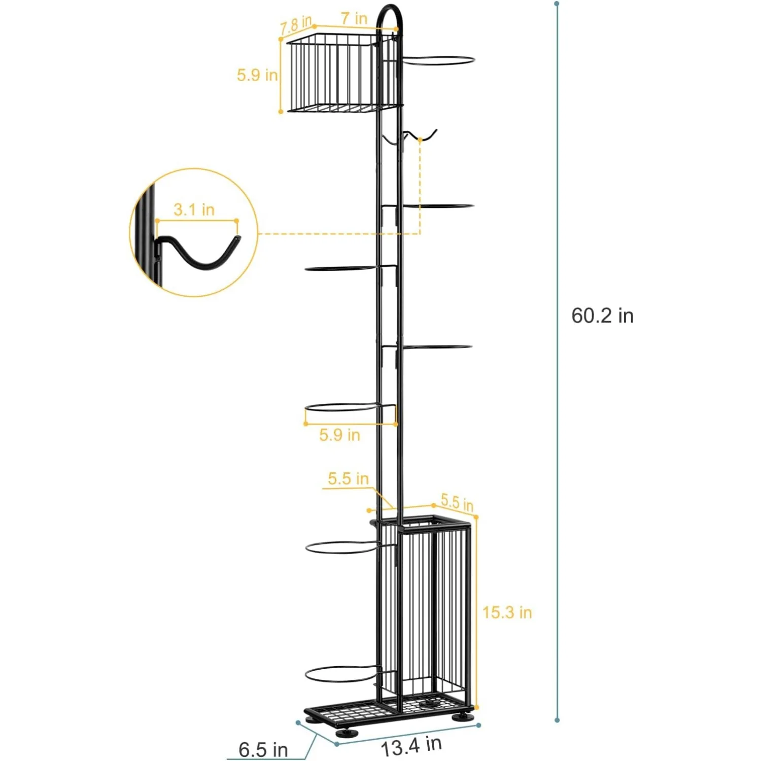 رف تخزين كرة السلة مكون من 7 طبقات |   حامل كرة قائم بذاته للكرة الطائرة/كرة القدم/كرة السلة في الأماكن المغلقة/الخارجية مع سلة