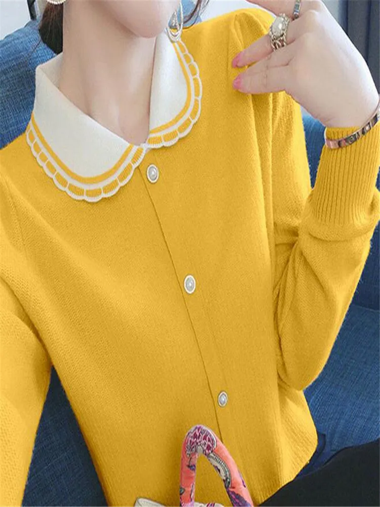 Sweet Peter Pan Collar Spliced Button Loose Knitted Shirt Female Clothing 2024 Autumn Long Sleeve Casual Tops All-match Blouse