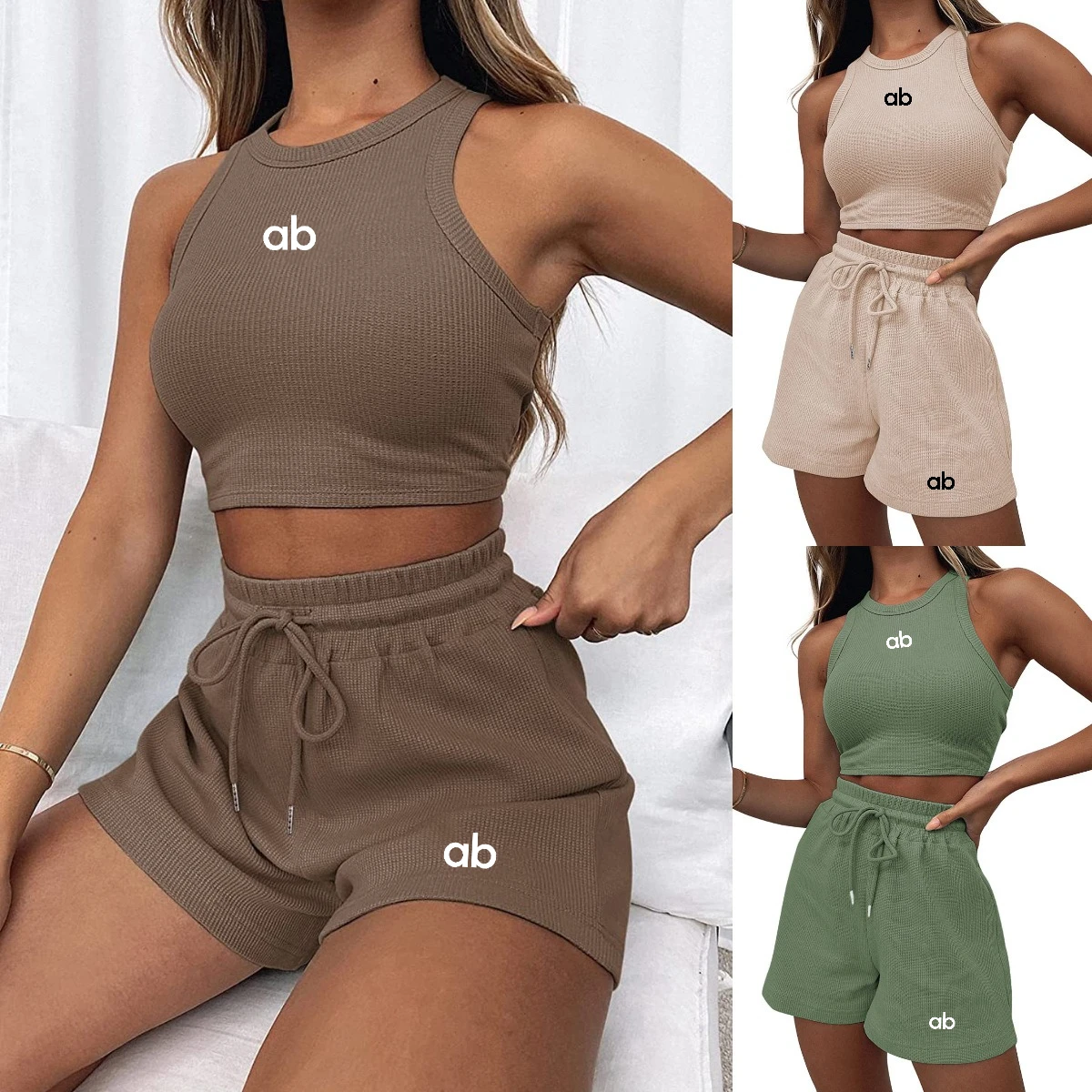 2026 Summer Women Waffle Knit Two-Piece Yoga Set Solid Crop Tank Top Drawstring Shorts Gym Workout Casual Lounge Co-ords Outfit