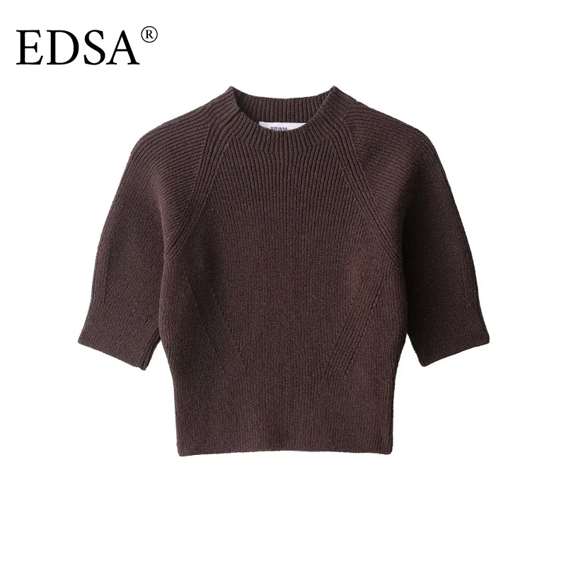 

EDSA Женский коричневый укороченный свитер с круглым вырезом и короткими рукавами, вязаный пуловер для женщин