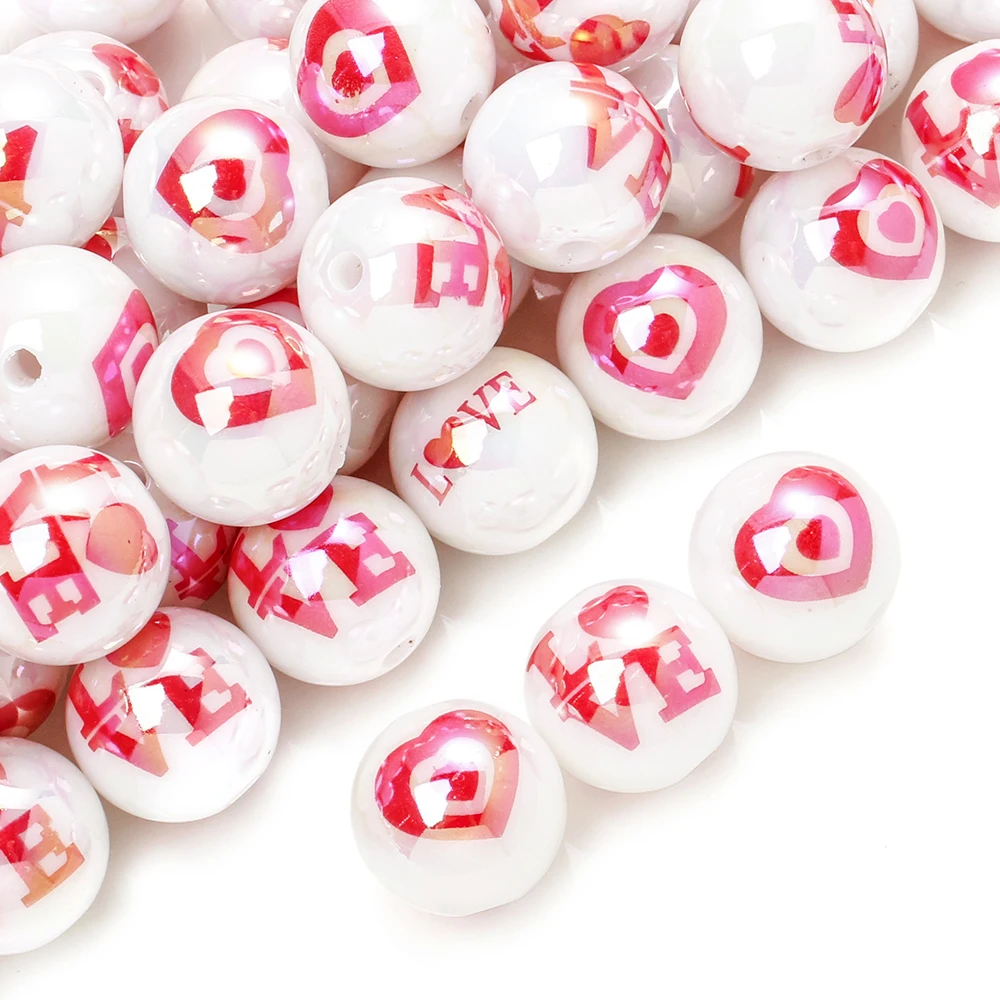 iYOE 10 Stück 16 mm Acrylperlen zum Valentinstag mit Liebesaufdruck, runde lose Abstandsperlen für die Schmuckherstellung, DIY-Armband, Halskette, Zubehör