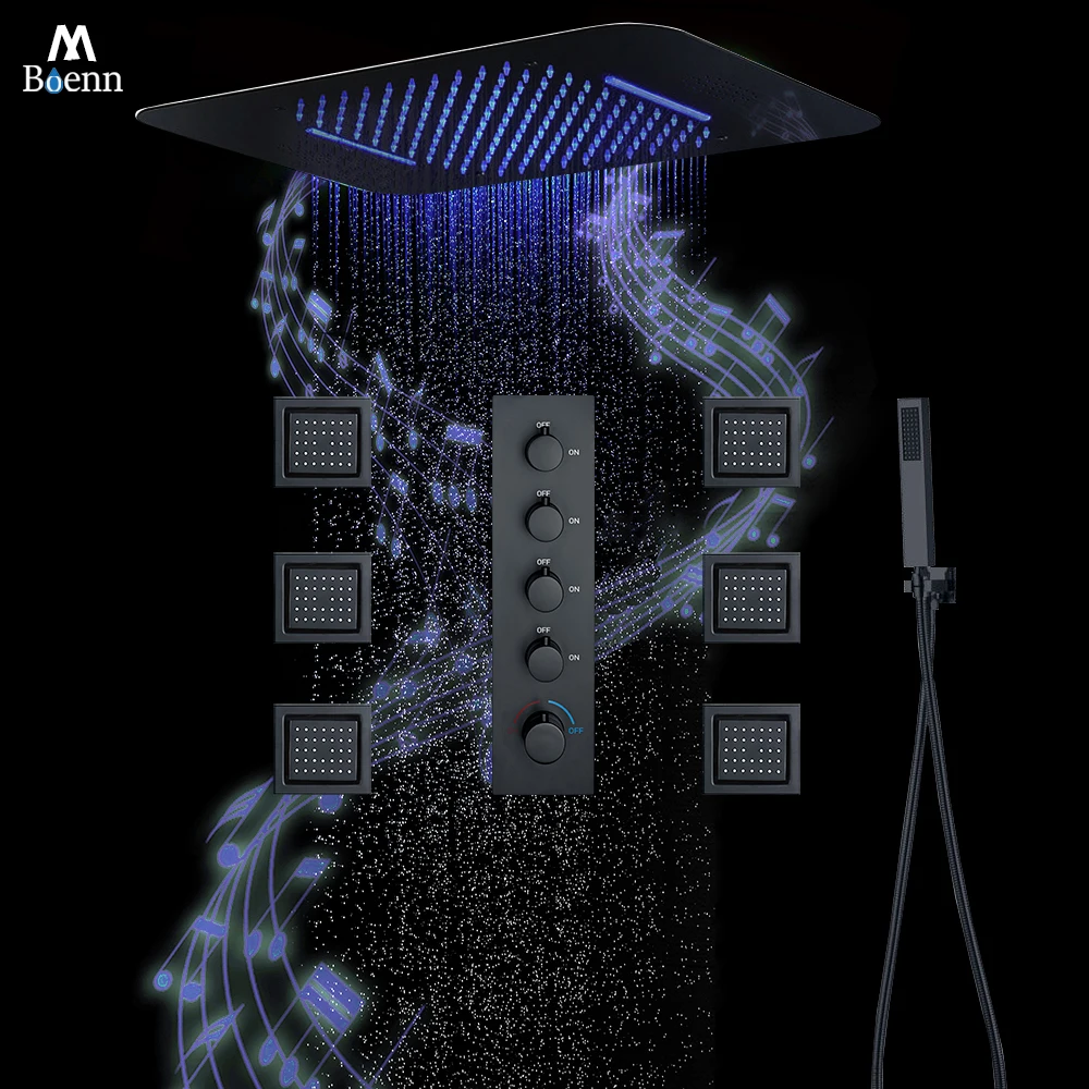 M Boenn 22.8*14.9 inch Black Shower Head Rainfall Bathroom Shower System with Concealed Thermostat Diverter Smart LED Showerhead