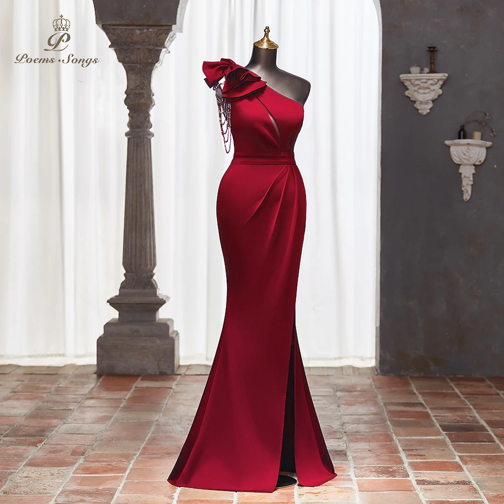 Sexy  Burgundy One-Shoulder Mermaid Evening Dresses with Side Slit Beading Ruched Detail and Satin for Prom or Special Occasions