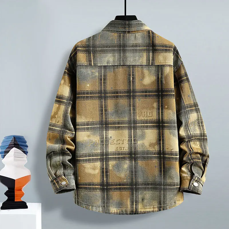 Camisa casual de mangas compridas masculina de alta qualidade padrão de grade jaqueta jeans 2025 primavera outono nova chegada camisas de moda masculina