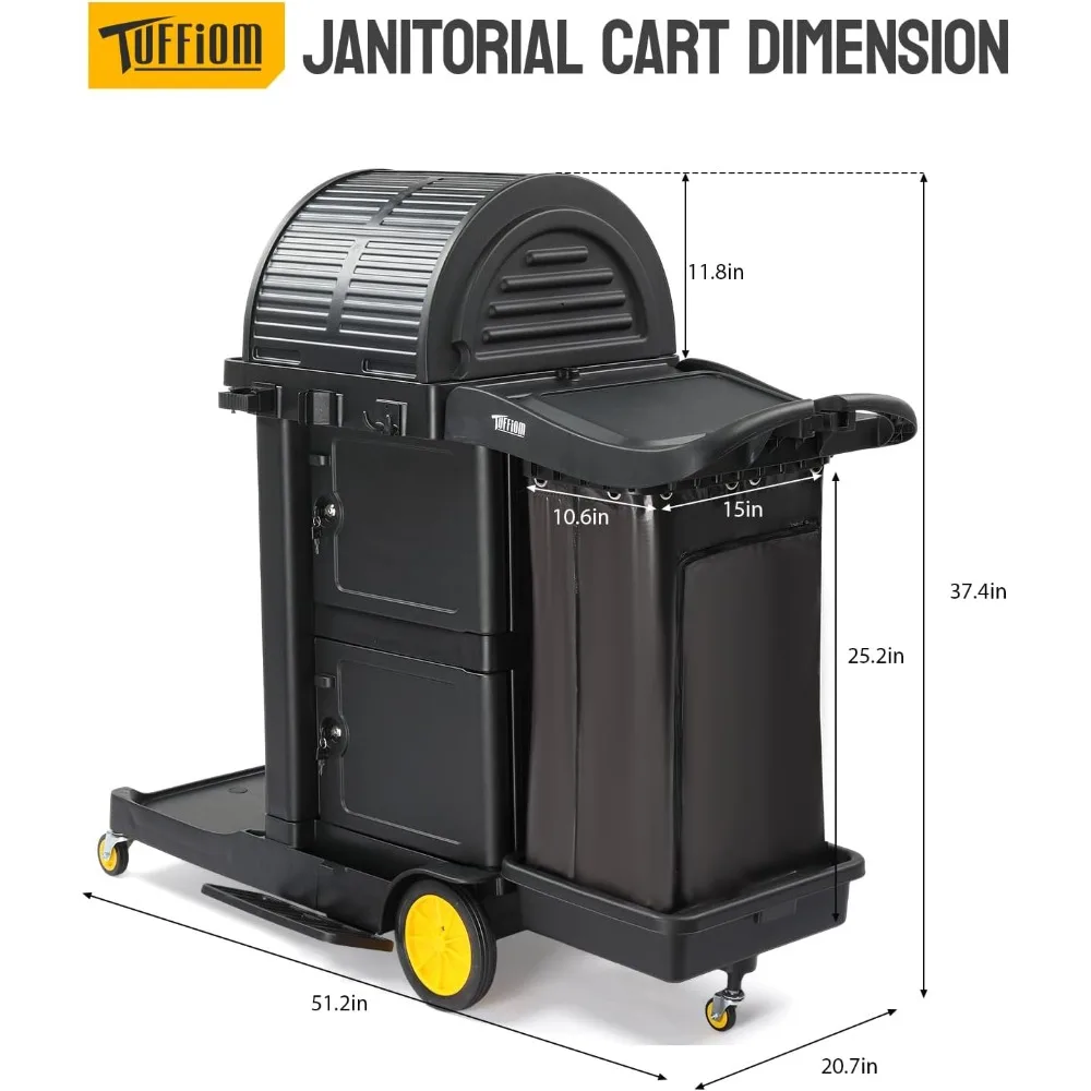 Chariot de ménage avec armoire à verrouillage à clé, chariot de nettoyage commercial à 3 étagères avec roulettes, caddie de ménage avec casier