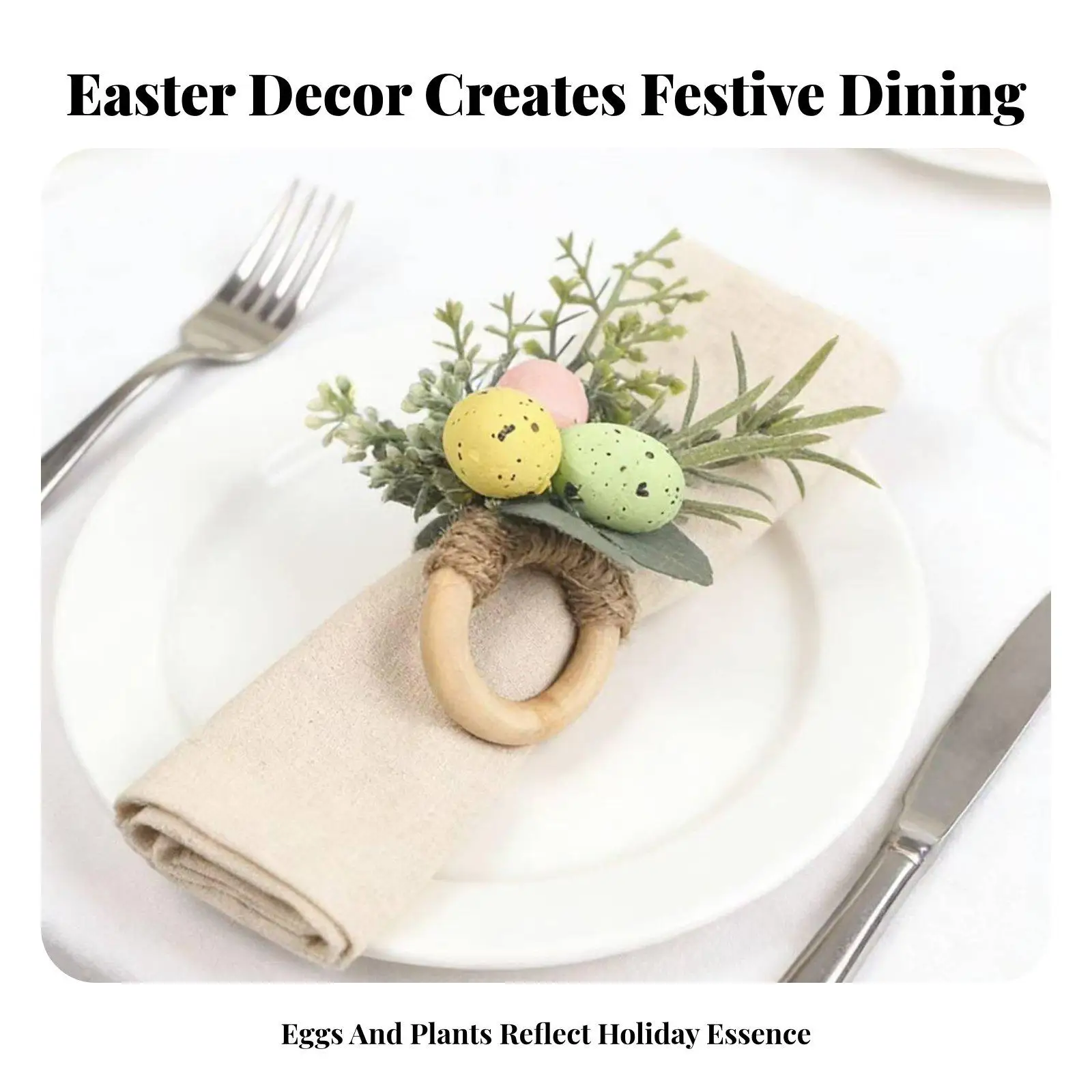 Rustic Wood Rabbit Napkin Ring Set of 6 with Greenery for Festive Easter Dinner Table Centerpiece Decor
