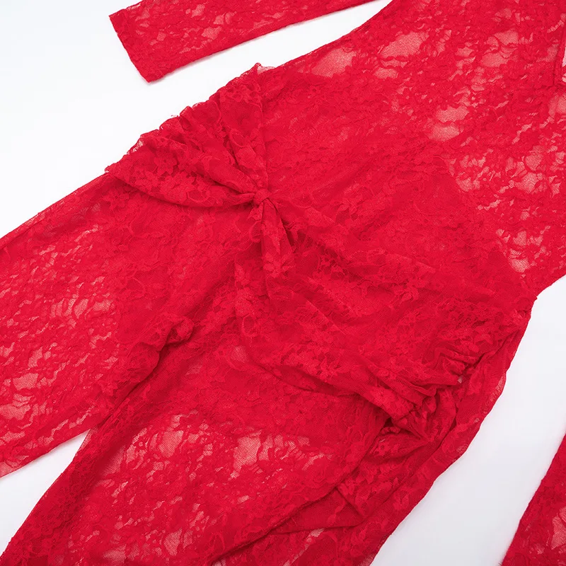 Vrouwen See Through Lace Jumpsuits Zijlint Sexy Diepe V-hals Lange Mouw Ruches Booty Lifting Night Clubwear Party Overalls