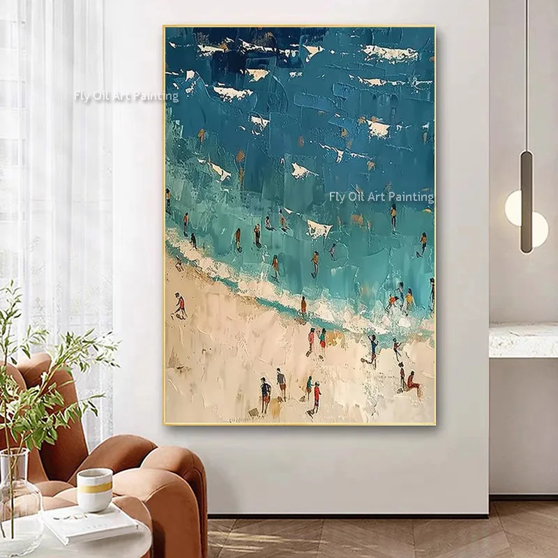 Blue Green Clean Sea Beige Beaches Wall Art Decor Handpainted New Design People Swimming In The Sea View Oil Painting On Canvas
