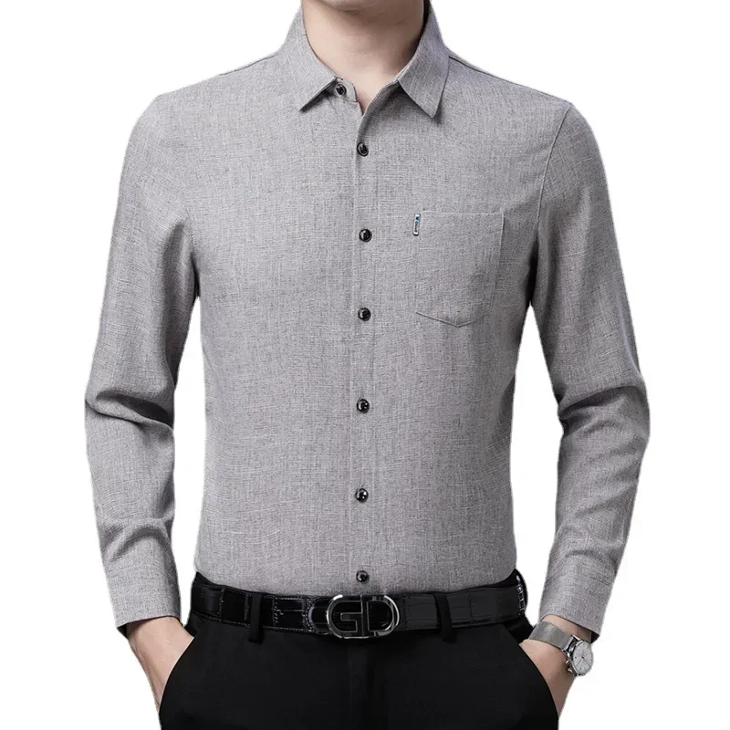 Camisa de linho imitação monocromática para homens de meia idade, True Pocket Dadset, moda casual, presente empresarial, 4 estações, sem engomar