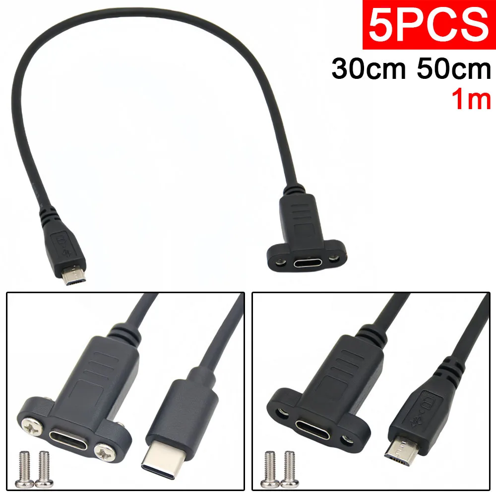 5pcs Type-C Male Connector to USB2.0 cable Micro USB Female Extension Cable Pitch 17.5mm With Screws Panel Mount Hole 0.3m 0.5m