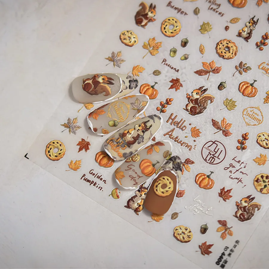Cute Shining Autumn Nail Stickers Squirrel Sunflower Pumpkin Maple Leaf Pine Nut Biscuit Pattern Self-adhesive Nail Decoration