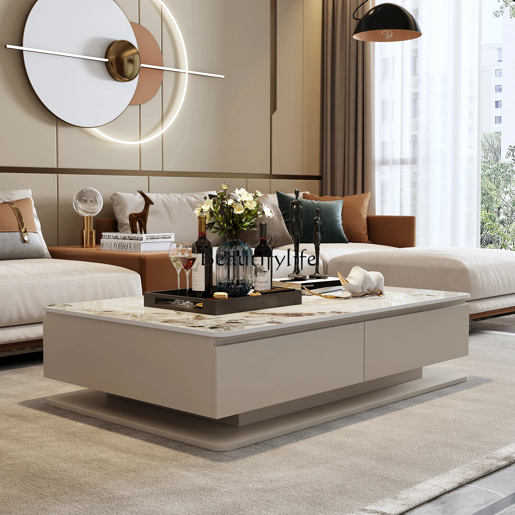 

01Italian rock slab coffee table new light luxury high-end rectangular small coffee table minimalist