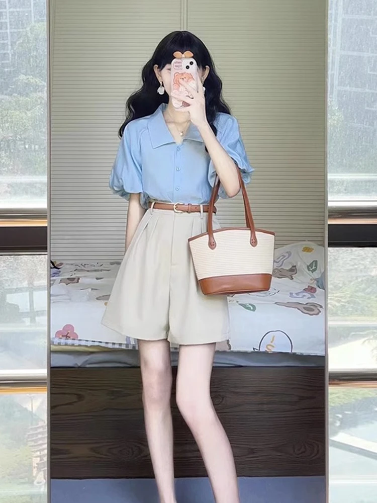 

Blue Doll Collar ort Sve Women's irt Spring New Design Commute Outfit Top Set Sweet Sle Regular Fit Casual Wear