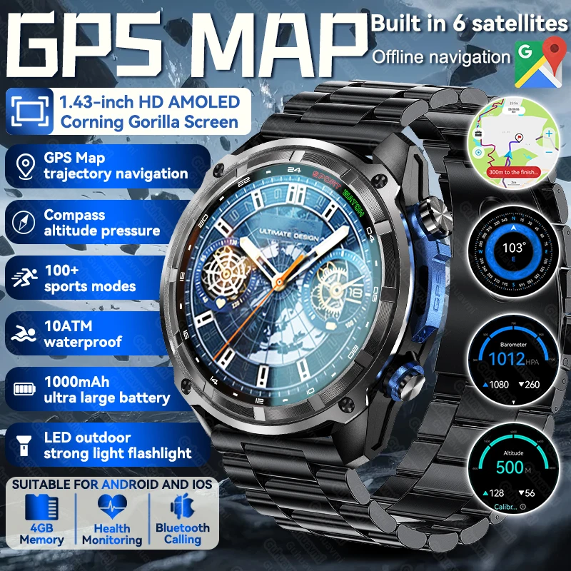 

New Men Military GPS Map Smart Watch 1000mAh Battery 10ATM Waterproof 4G Memory HD Call Corning AMOLED Screen Sports Smartwatch