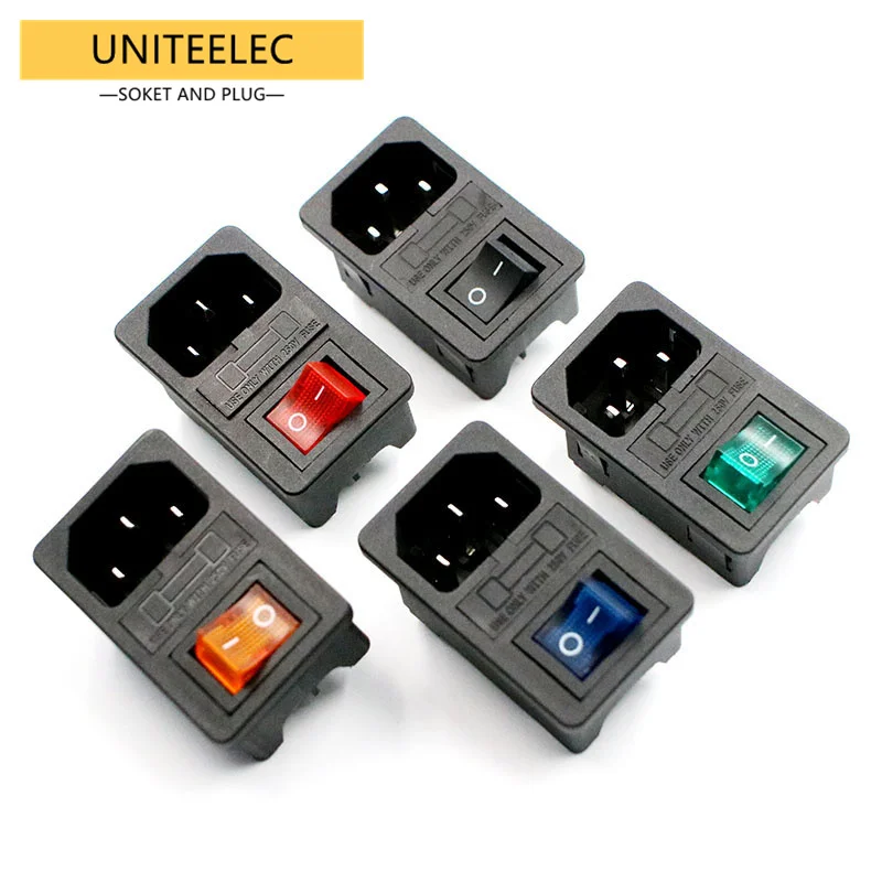 Dengan Sekring 10A! Red Rocker Switch Fused IEC320 C14 Inlet Power Socket Fuse Switch Connector Plug Connector Merah Hijau Biru Hitam