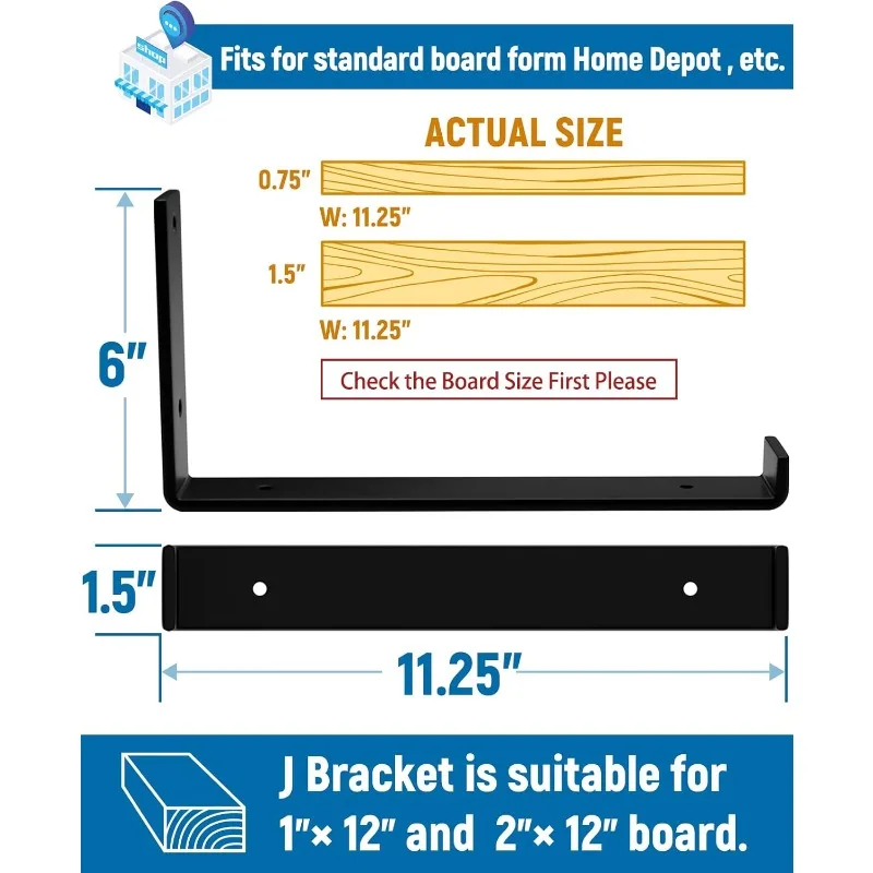 12 inch Shelf Bracket for DIY Floating Shelf, 1/5 inch Thick Heavy Duty Bracket, 6 Pack, 11.25” x 6” x 1.5”