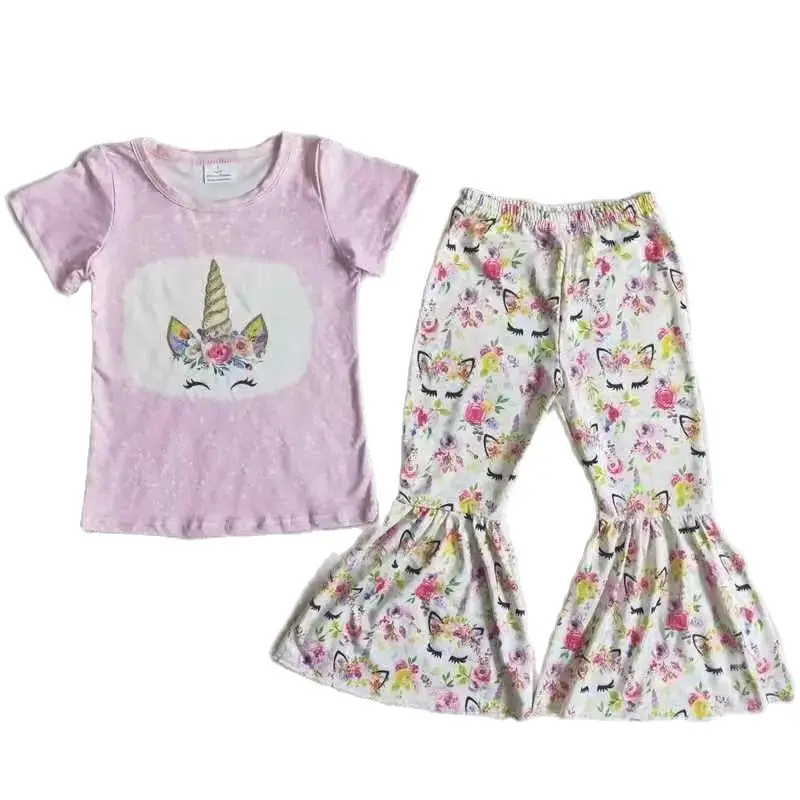 C0-9 Kids Girls Summer Outfit  Sets  Short Sleeves Top Lilac Unicorn Flowers Print  With Boot Cut Pant Children Clothes