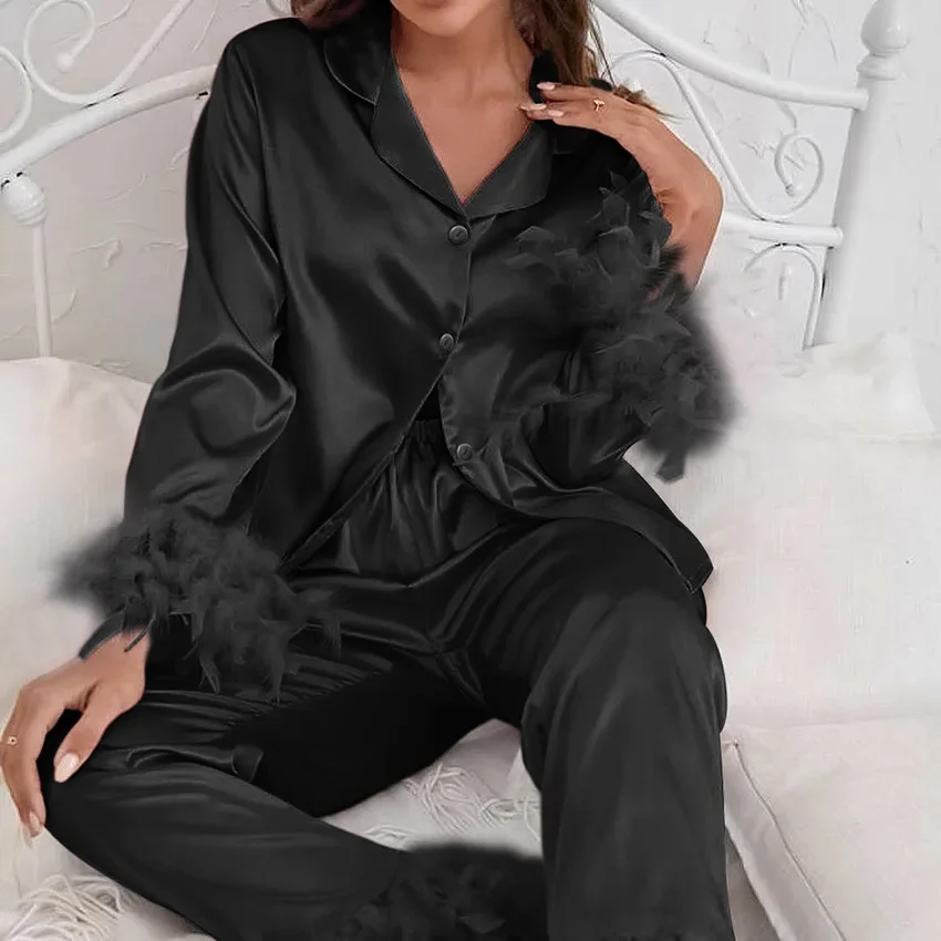 Feather Pajamas Women Night Clothes Ladies Blouse Pants Two Piece Set Women Outfit 2023 Sleeping Wear for Women Loungewear Set