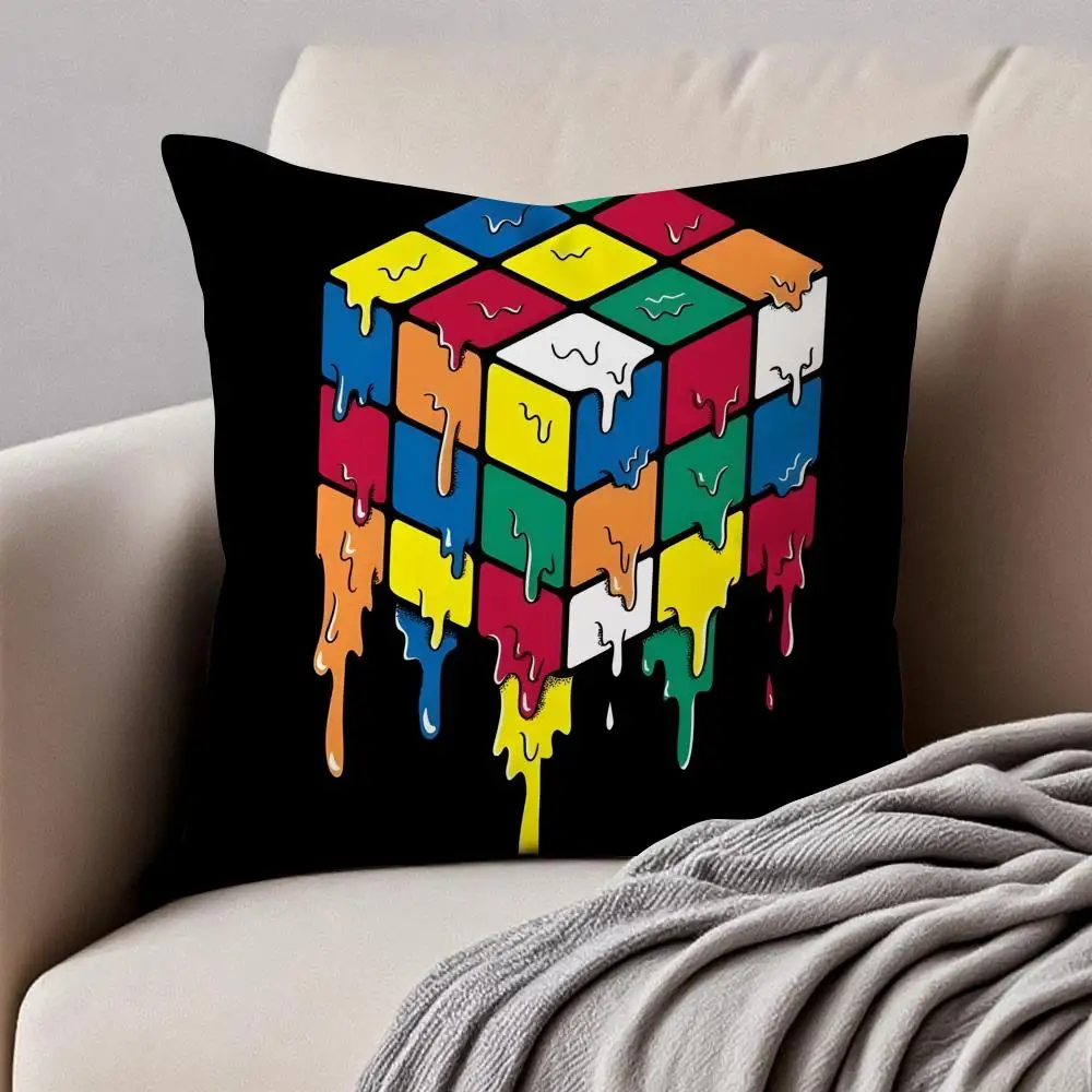 Creative Magic Cube Puzzle Design Art Cushion Cover Pillowcase Anti Dustmite Invisible Zipper Short Plush Sofa Cushion