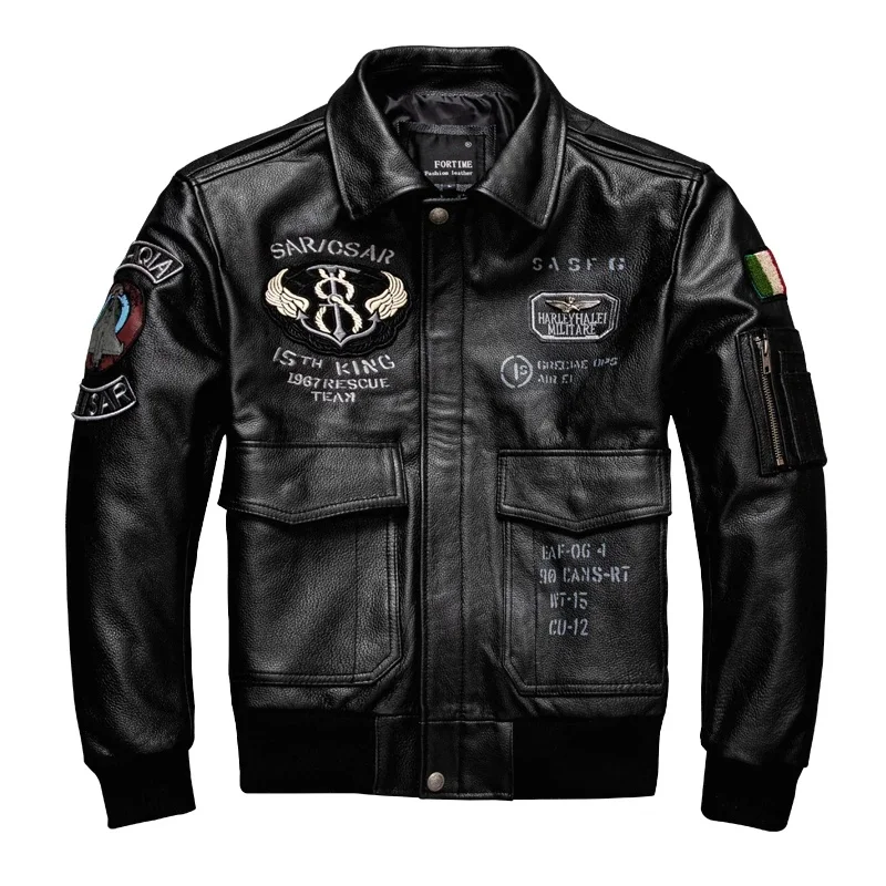 Black Spring Pilot Leather Jacket Men Military Style Plus Size 5XL Genuine Natural Cowhide Flight Leather Coat