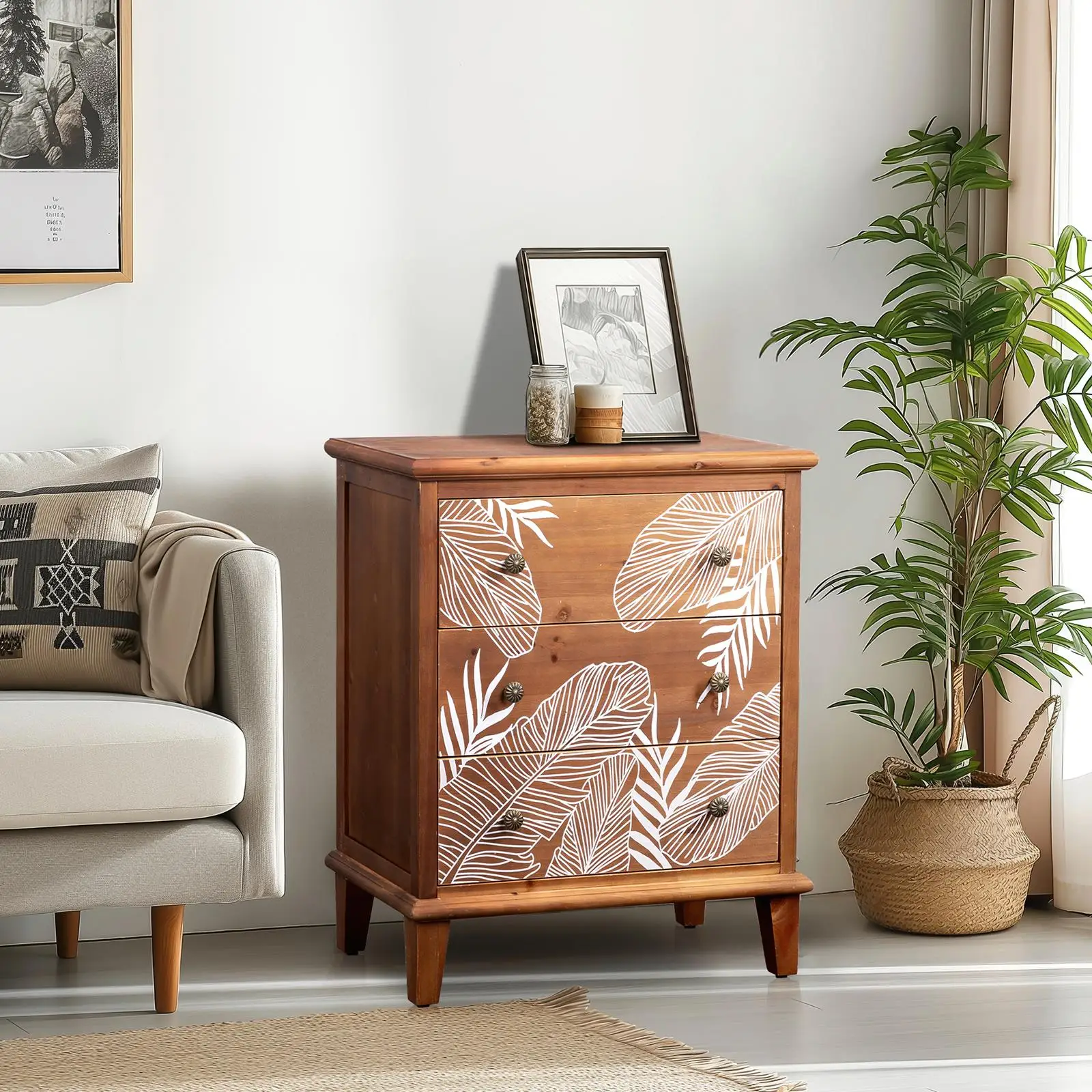 

Bohemian Three Drawer Chest - Brown Veneer & Solid Wood Frame, 60x36x73cm