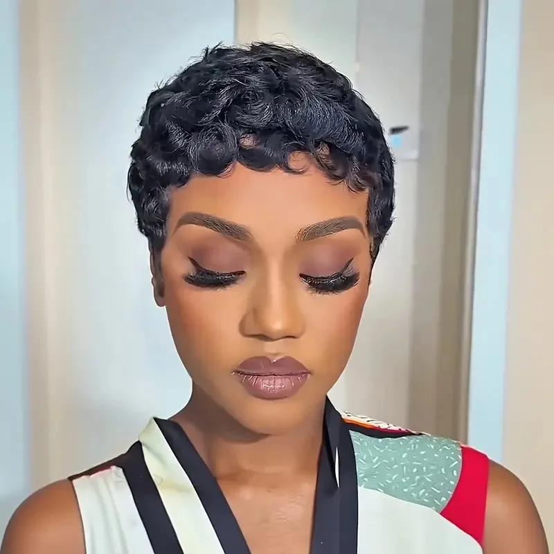 Remy Short Chioma Wavy Pixie Curl Human Hair Machine Made Wig For Black Women