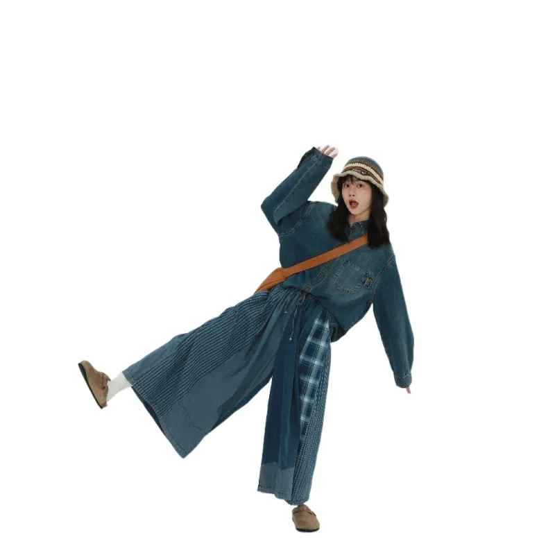 2025 New Spring Women Top Quality Cotton Denim Ankle-length Jeans Loose Casual Elastic Waist Plaid Patchwork Wide Leg Pants Y318