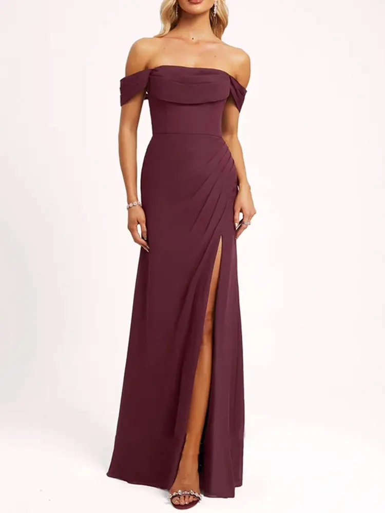 Floor-Length Chiffon Bridesmaid Dress Off the Shoulder Evening Party Dress High Slit  Mermaid/Trumpet Elegant Prom Dress