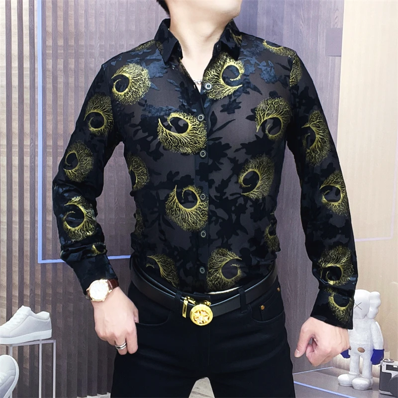 Light Luxury Retro Print Men's Shirt 2024 Autumn Long Sleeve Slim Fit Casual Shirts Social Lapel Tops Nightclub Show Streetwear