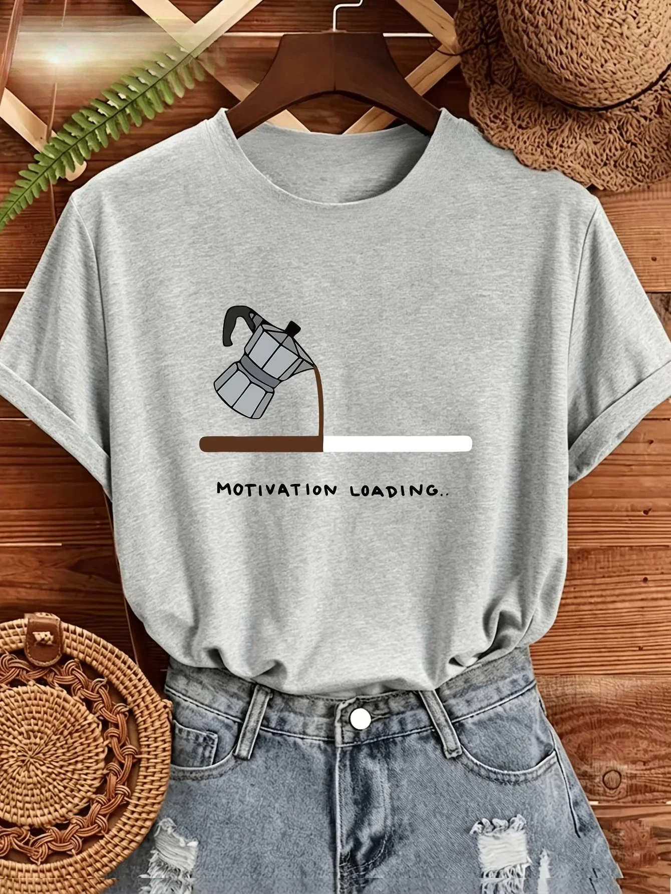Coffee Theme Fun Slogan T-shirt MOTIVATION LOAD Funny Vitality Lady Casual Style Simple Round Neck Comfortable Short Sleeve Top