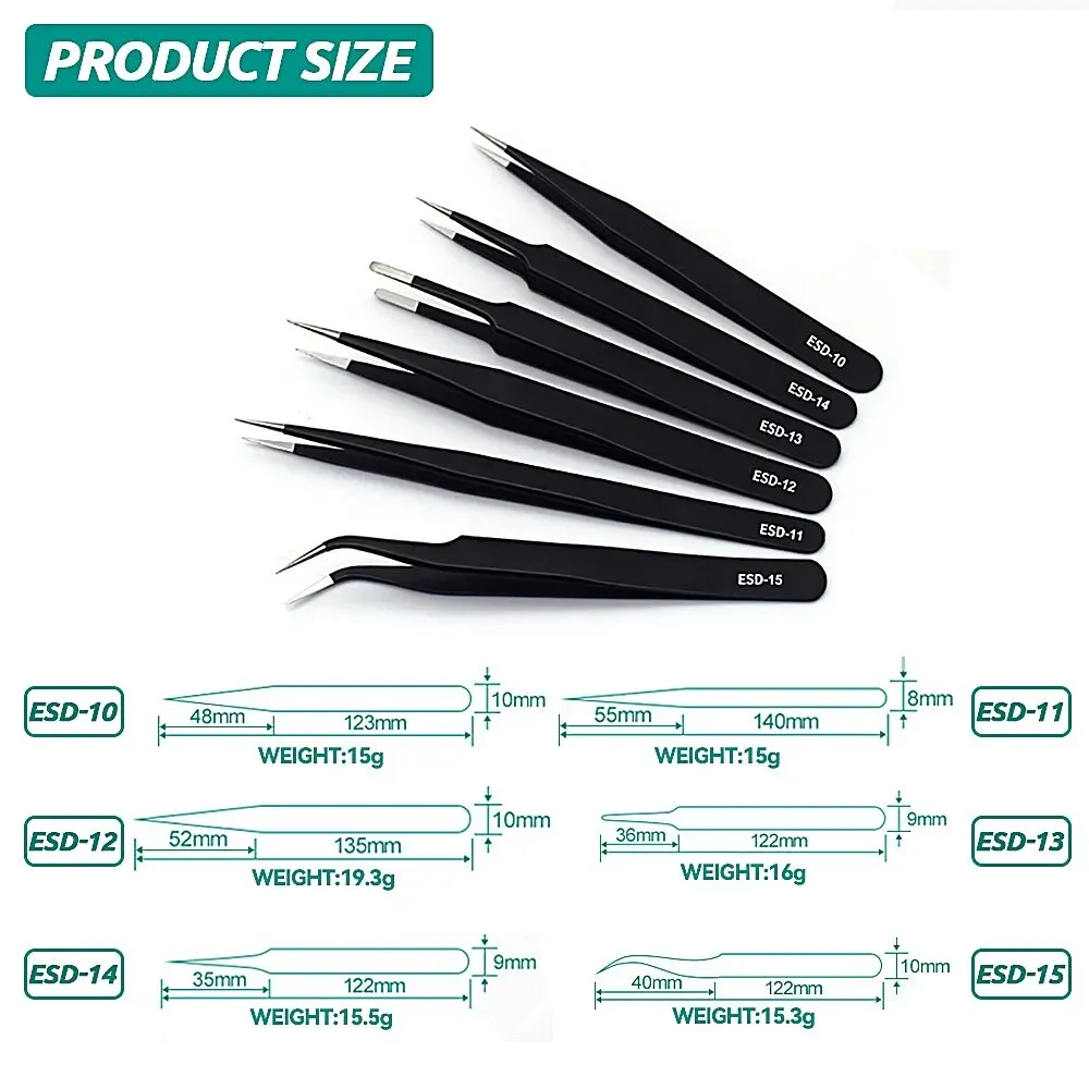 6PCS Precision Tweezers Set ESD Anti-Static Stainless Steel Tweezers Repair Tools for Electronics Repair Soldering Craft