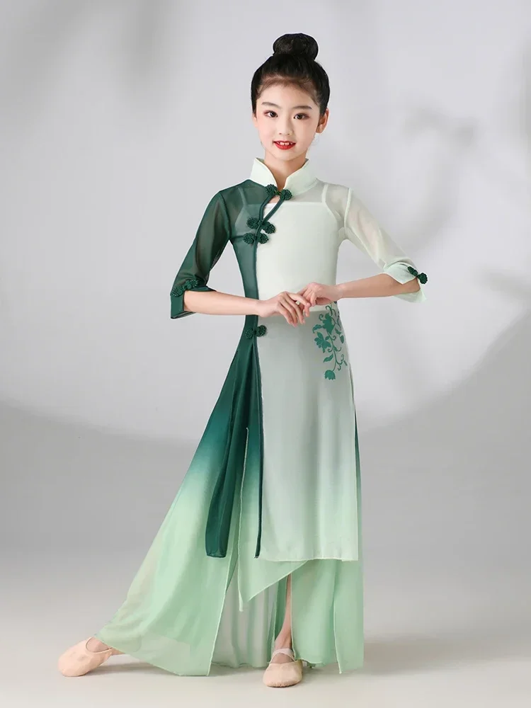 Costume de danse Yangko classique chinois pour enfants, robe de danse de fan national pour filles, vêtements de danse folklorique Hanfu financièrement, vêtements de séparés euse parapluie