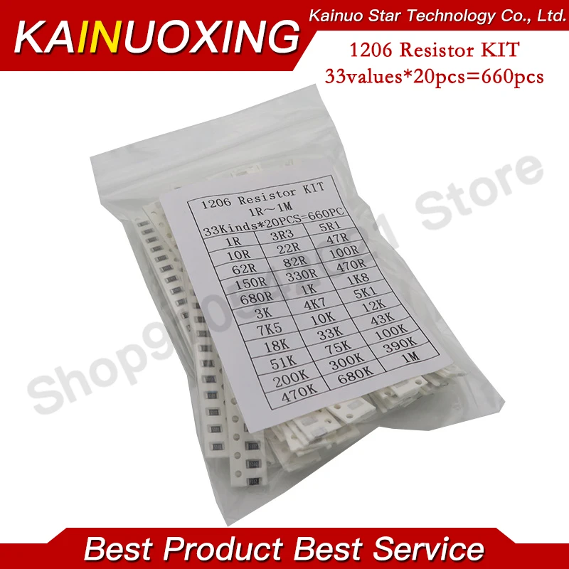 1206 0805 0603 SMD Resistor Kit Assorted Kit 1ohm-1M ohm 1% 33valuesX 20pcs=660pcs Sample Kit