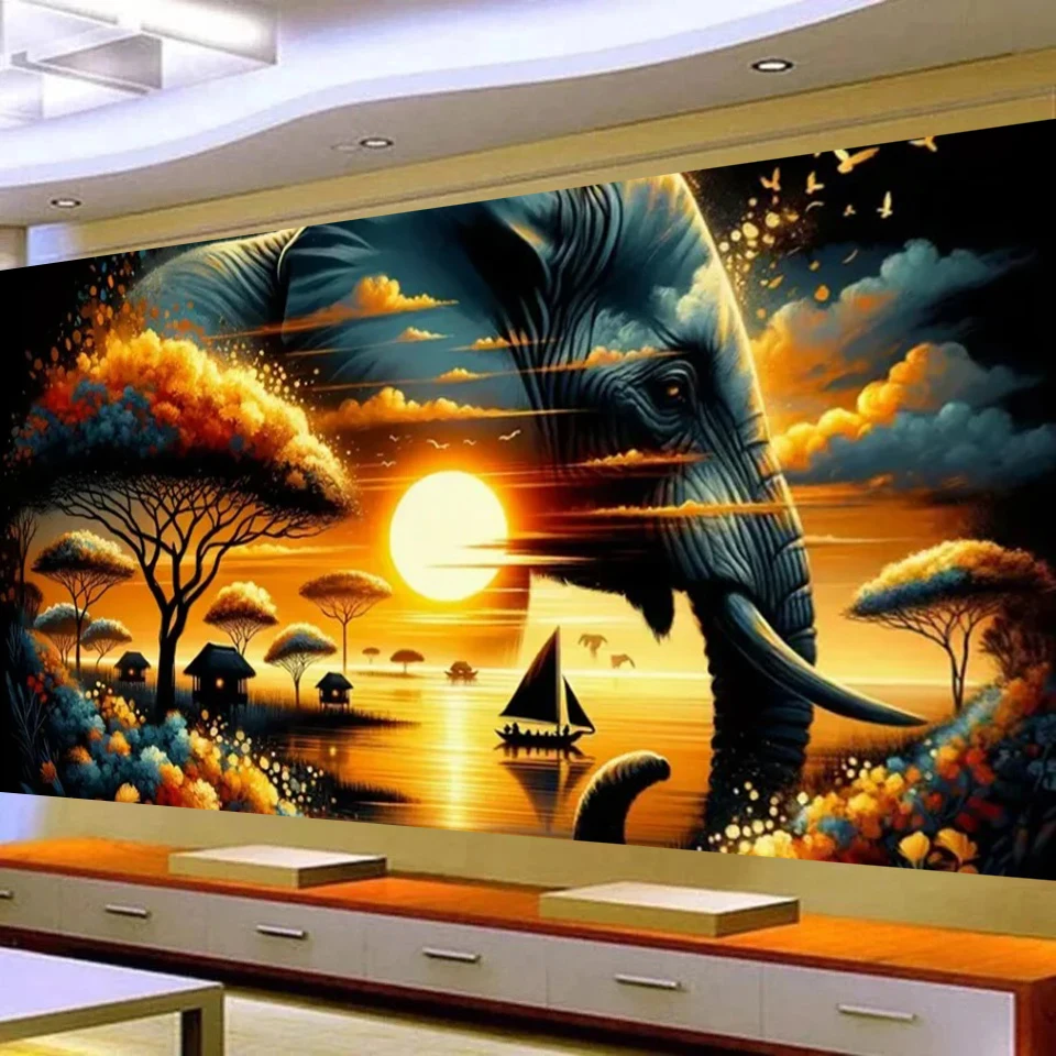 New Vibrant elephant African Landscape Sunset Diy Diamond Painting Large Size Full Diamond Mosaic art Embroidery Home Decor Gift