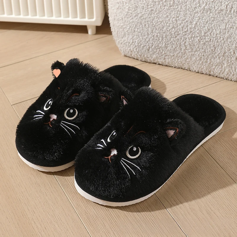 Fluffy Women's Slippers Home Winter Cat Cartoon Designer Woman Shoes Flats Faux Fuzzy Fur Slides Girls Soft Non-Slip Lightweight