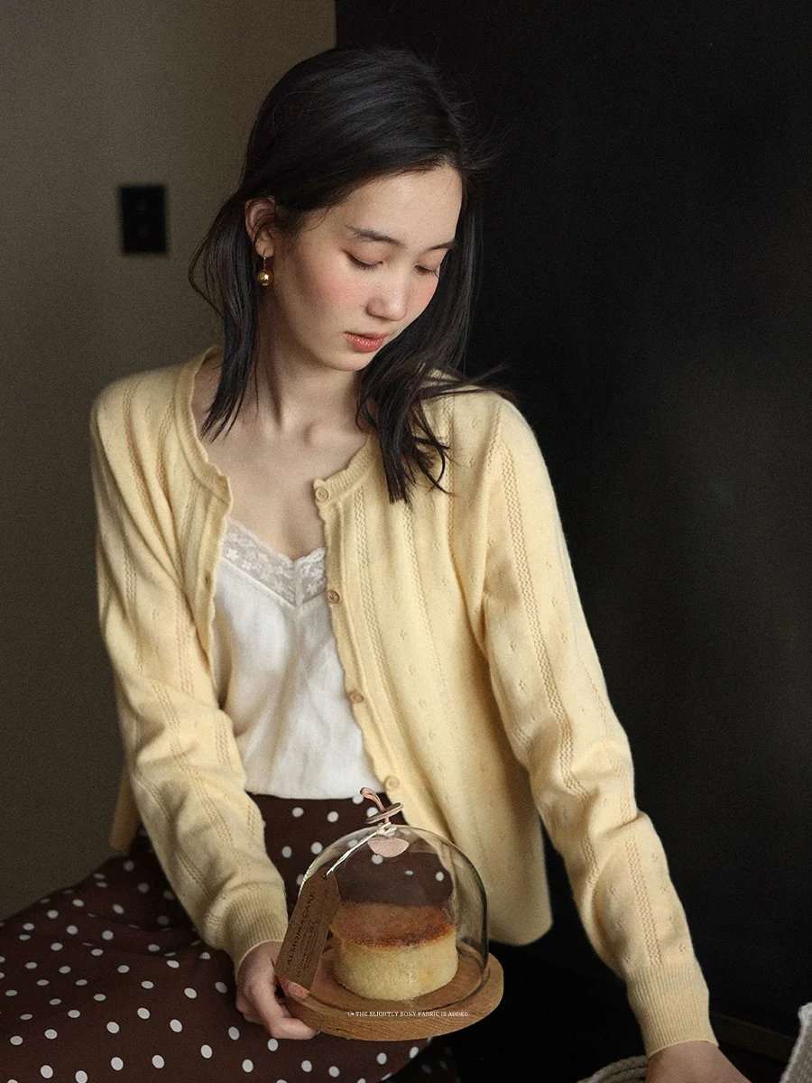 

Lalaglow Full Wool Knitted Long Sleeve Open Cardigan Women's Spring Fashion Commute Hollow out Texture Casual Top